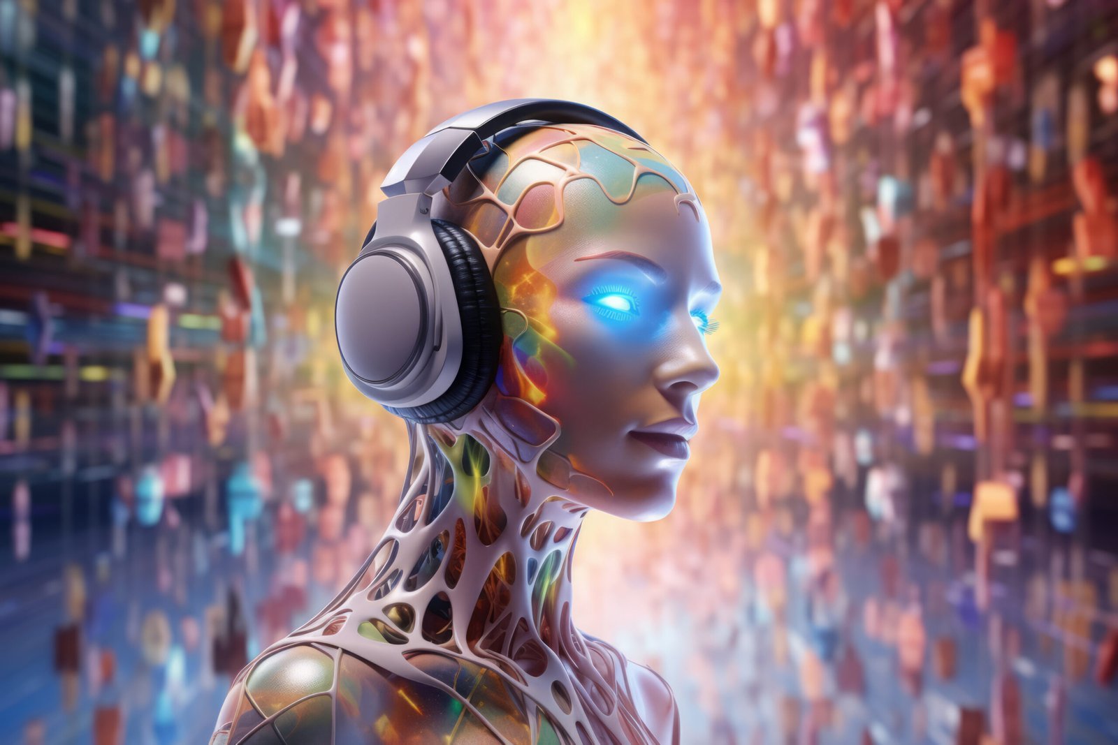 A Captivating Abstract Background with Traced Quantum Waves and an Enchanting Colorful Display, humanoid robot, headphone, 3d render, 8k --ar 3:2 --v 5.2 Job ID: e649a8a4-be28-4ab5-a756-7214291ab37e