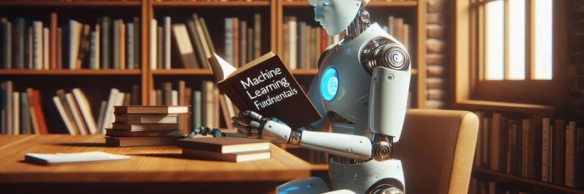 A white robot sits in a library intently studying a book titled Machine Learning Fundamentals Concept AI education selflearning robots future of artificial intelligence